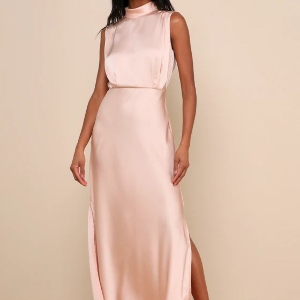 Classic Elegance Blush Satin Sleeveless Mock Neck Maxi Dress Blush/Champagne- 1X